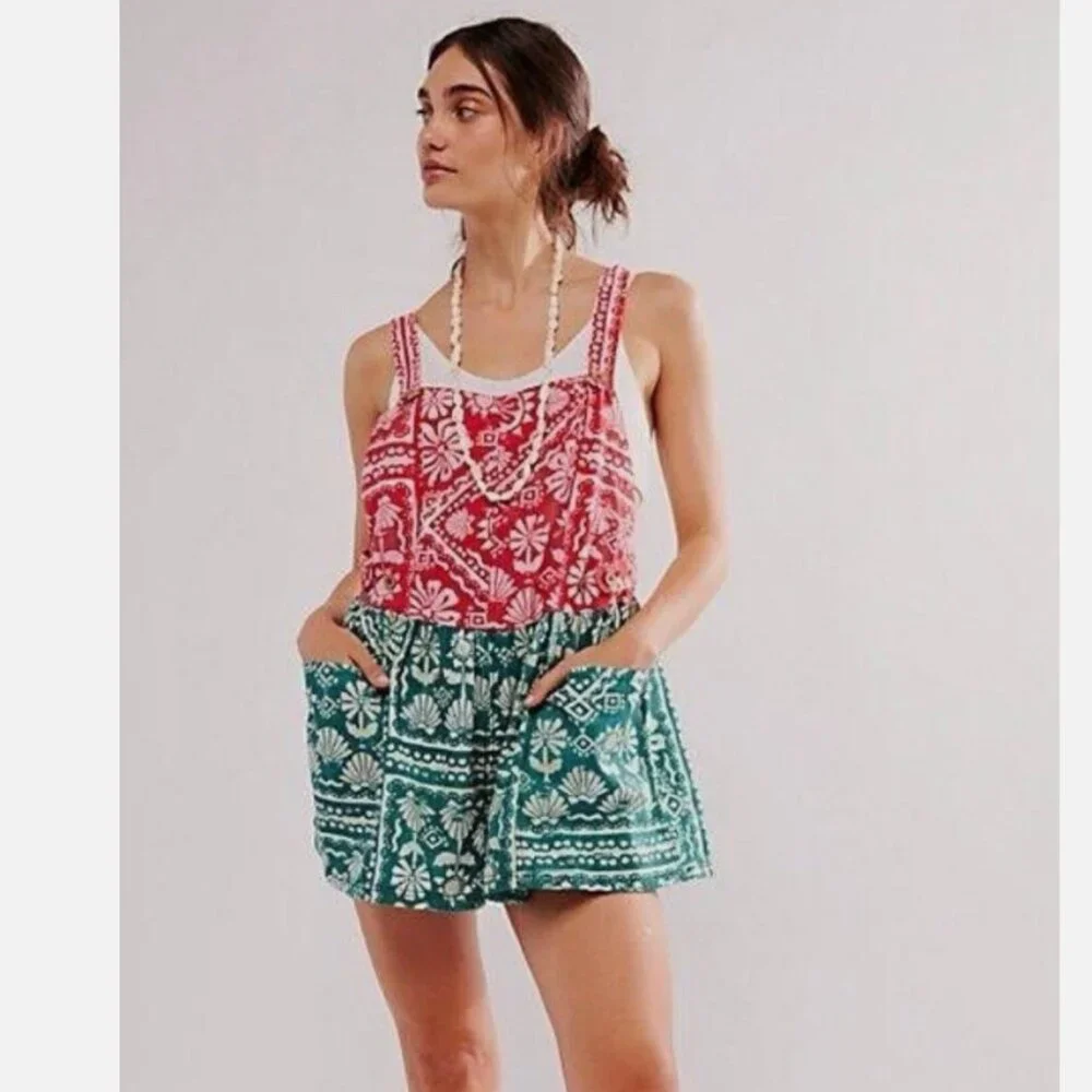 NEW  Free People Women's Red Palm Bay Printed Shortalls